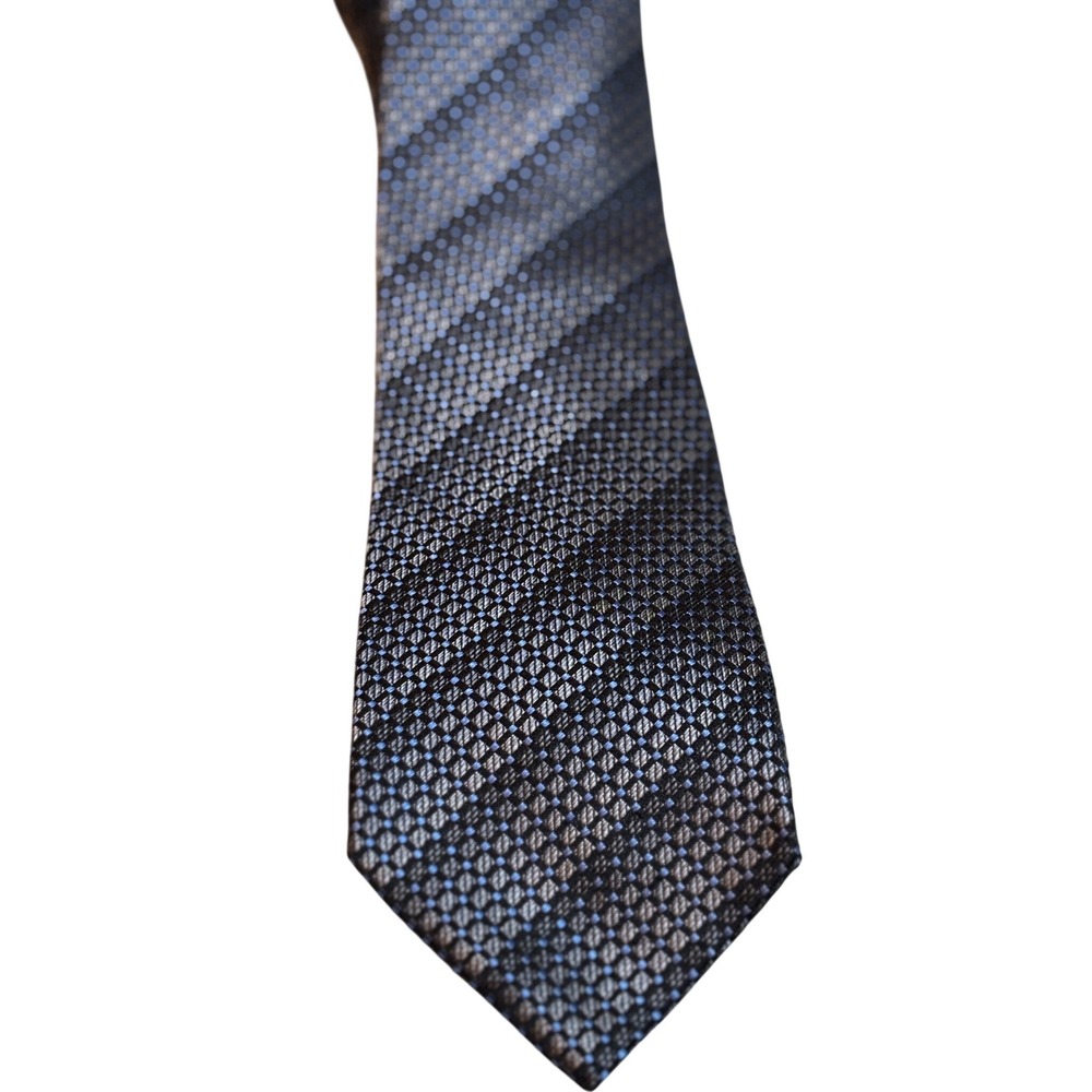 Alfani Mens Neck Tie Geometric Pattern Silk Blend Blue Black Silver Formal Note!